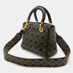 Christian Dior Lady Dior Cannage Black Leather Handbag with Studs