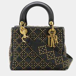 Christian Dior Lady Dior Cannage Black Leather Handbag with Studs