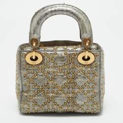 Dior Metallic Grey Cannage Python Mini Studded Supple Lady Dior Tote