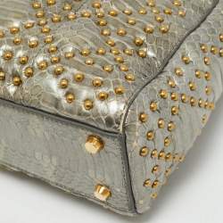 Dior Metallic Grey Cannage Python Mini Studded Supple Lady Dior Tote