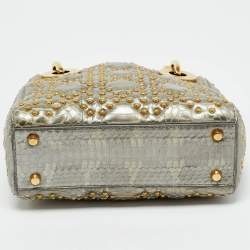 Dior Metallic Grey Cannage Python Mini Studded Supple Lady Dior Tote