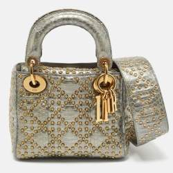 Dior Metallic Grey Cannage Python Mini Studded Supple Lady Dior Tote