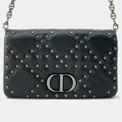 Christian Dior Lucky Star Black Caro Cannage Studs Leather Wallet On Chain