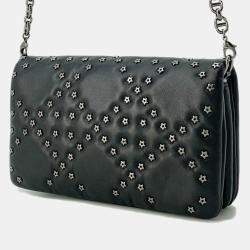 Christian Dior Lucky Star Black Caro Cannage Studs Leather Wallet On Chain