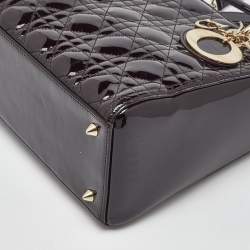 Pre Owned Dior Dark Cherry Cannage Patent Leather Medium Lady Dior Tote  