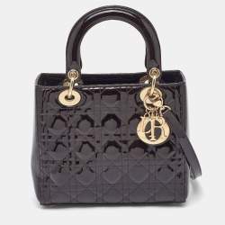 Pre Owned Dior Dark Cherry Cannage Patent Leather Medium Lady Dior Tote  