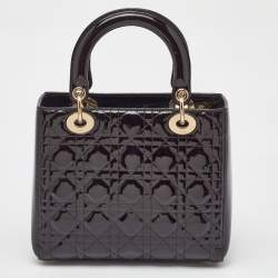 Pre Owned Dior Dark Cherry Cannage Patent Leather Medium Lady Dior Tote  