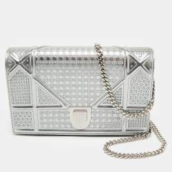 Dior Silver Microcannage Patent Leather Diorama Wallet on Chain