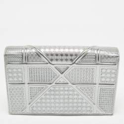 Pre Owned Dior Silver Microcannage Patent Leather Diorama Wallet on Chain