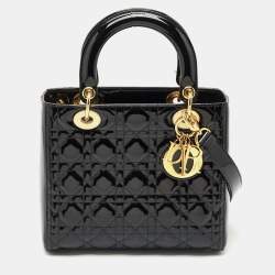 Dior Black Cannage Patent Leather Medium Lady Dior Tote