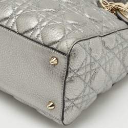 Pre Owned Dior Metallic Grey Cannage Leather Medium Lady Dior Tote