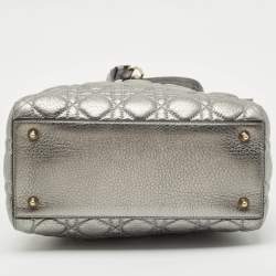 Pre Owned Dior Metallic Grey Cannage Leather Medium Lady Dior Tote