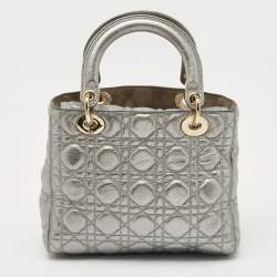 Pre Owned Dior Metallic Grey Cannage Leather Medium Lady Dior Tote