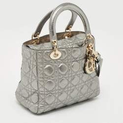 Pre Owned Dior Metallic Grey Cannage Leather Medium Lady Dior Tote