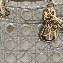 Pre Owned Dior Metallic Grey Cannage Leather Medium Lady Dior Tote