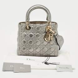 Pre Owned Dior Metallic Grey Cannage Leather Medium Lady Dior Tote