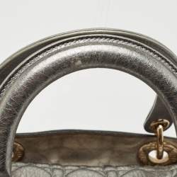 Pre Owned Dior Metallic Grey Cannage Leather Medium Lady Dior Tote