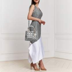 Pre Owned Dior Metallic Grey Cannage Leather Medium Lady Dior Tote