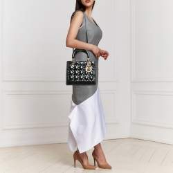 Pre Owned Dior Black Cannage Patent Leather Medium Lady Dior Tote