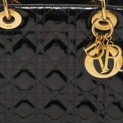 Pre Owned Dior Black Cannage Patent Leather Medium Lady Dior Tote