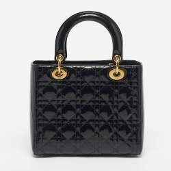 Pre Owned Dior Black Cannage Patent Leather Medium Lady Dior Tote