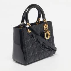 Pre Owned Dior Black Cannage Patent Leather Medium Lady Dior Tote