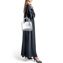 Pre Owned Dior Silver Micro Cannage Patent Leather Medium Lady Dior Tote