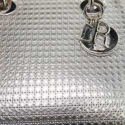Pre Owned Dior Silver Micro Cannage Patent Leather Medium Lady Dior Tote