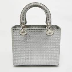 Pre Owned Dior Silver Micro Cannage Patent Leather Medium Lady Dior Tote