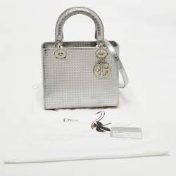 Pre Owned Dior Silver Micro Cannage Patent Leather Medium Lady Dior Tote