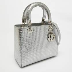Pre Owned Dior Silver Micro Cannage Patent Leather Medium Lady Dior Tote
