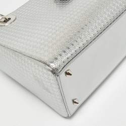 Pre Owned Dior Silver Micro Cannage Patent Leather Medium Lady Dior Tote