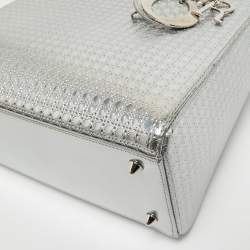 Pre Owned Dior Silver Micro Cannage Patent Leather Medium Lady Dior Tote