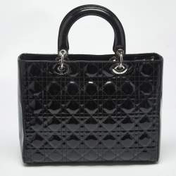 Pre Owned Dior Black Cannage Patent Leather Large Lady Dior Tote