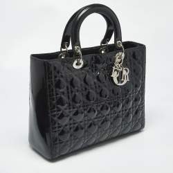 Pre Owned Dior Black Cannage Patent Leather Large Lady Dior Tote
