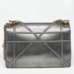 Pre Owned Dior Metallic Grey Leather Medium Diorama Flap Bag