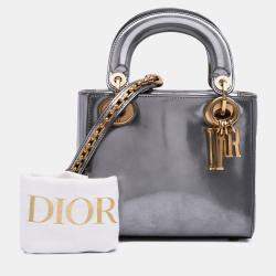 Pre Owned Dior Silver Mini Metallic Glazed Calfskin Lady Dior