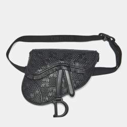 Pre Owned Dior Black Woven Leather Saddle Belt Bag