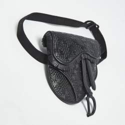 Pre Owned Dior Black Woven Leather Saddle Belt Bag
