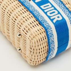 Pre Owned Dior Blue/Cream Rattan and Fabric Mini Wicker Lady Dior Tote