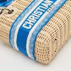 Pre Owned Dior Blue/Cream Rattan and Fabric Mini Wicker Lady Dior Tote