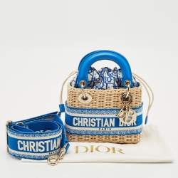 Pre Owned Dior Blue/Cream Rattan and Fabric Mini Wicker Lady Dior Tote
