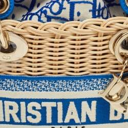 Pre Owned Dior Blue/Cream Rattan and Fabric Mini Wicker Lady Dior Tote