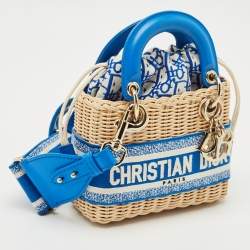 Pre Owned Dior Blue/Cream Rattan and Fabric Mini Wicker Lady Dior Tote