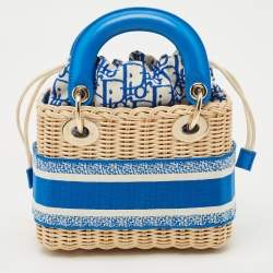 Pre Owned Dior Blue/Cream Rattan and Fabric Mini Wicker Lady Dior Tote