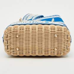 Pre Owned Dior Blue/Cream Rattan and Fabric Mini Wicker Lady Dior Tote