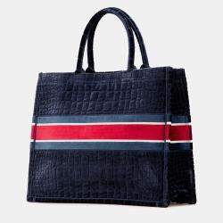 Pre Owned Dior Navy Blue Large Velvet Embossed Book Tote