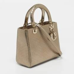 Pre Owned Dior Gold Microcannage Patent Leather Medium Lady Dior Tote