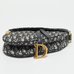 Pre Owned Dior Navy Blue Oblique Canvas and Leather Saddle Bag