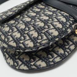 Pre Owned Dior Navy Blue Oblique Canvas and Leather Saddle Bag